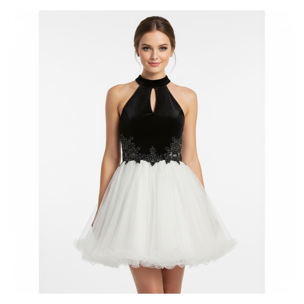 Blondie Nites Cocktail Dress Women 9 Navy Excellent Tulle Rhinestone Halter Prom